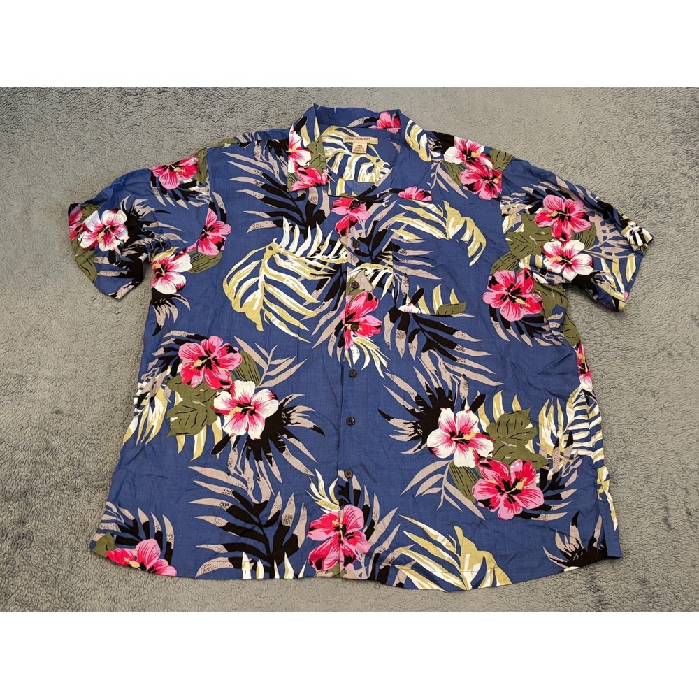 Island Passport Mens 2XL Hawaiian Shirt Blue Floral Tropical Rayon Short Sleeve